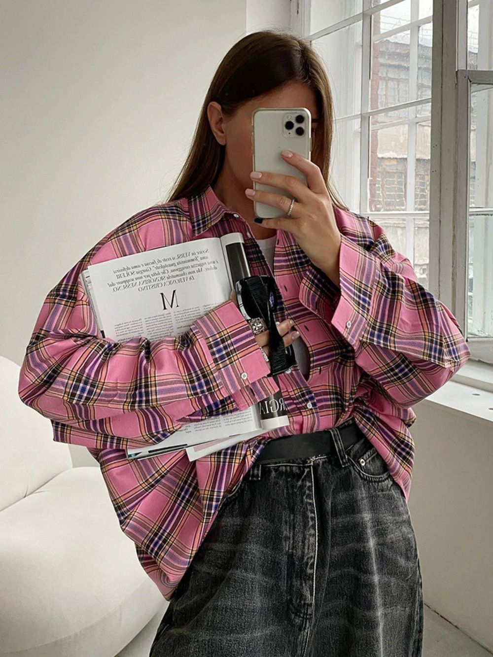 Forever 21 Preppy Pink Plaid Shirt Casual Loose Layering Long Sleeve Fall